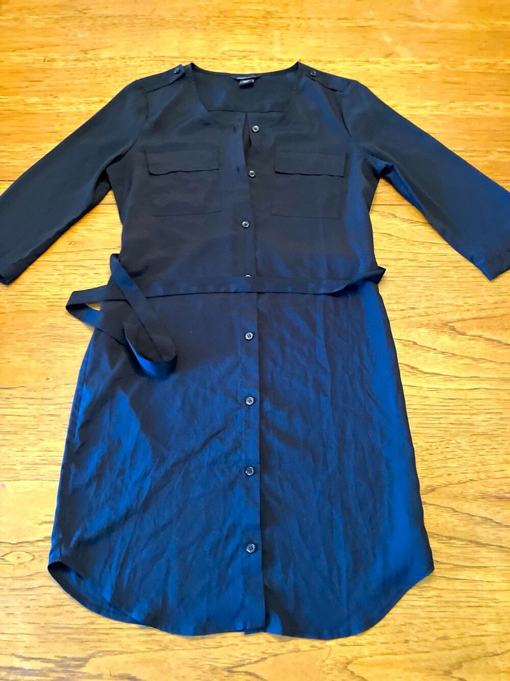 Moda International Women's Black Solid Shirt Dress Belted Pockets 3/4 S